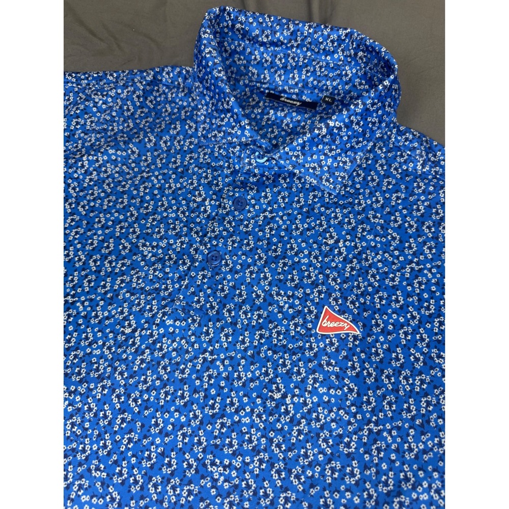 Breezy Golf Mens XL Blue Floral All Over Print Performance Polo Shirt Stretch